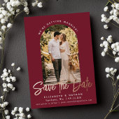 Cranberry Save the Date Stylish Script Photo Folie Uitnodiging