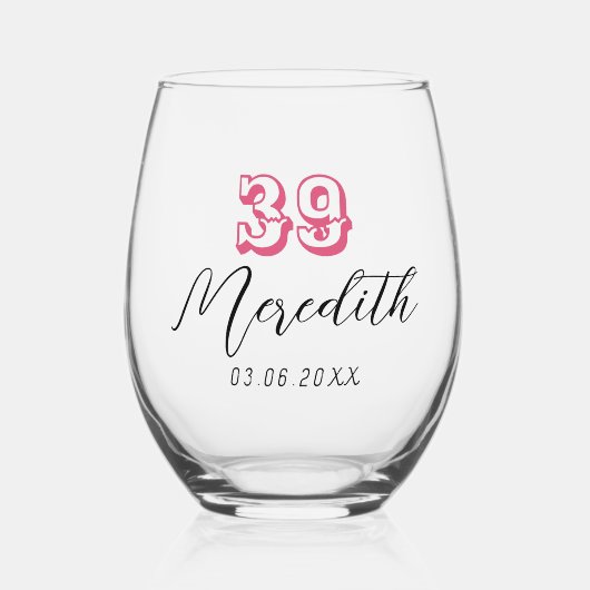 Cranberry verjaardagsnummer | Zwarte naam Datum Wijnglas Zonder Voet (Voorkant)