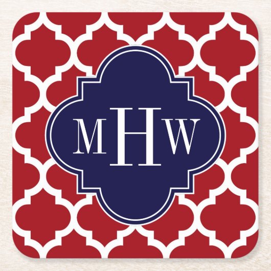 Cranberry WhMoroccan #5 Navy 3 Initiaal Monogram Kartonnen Onderzetters (Voorkant)