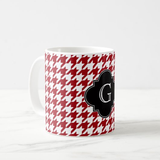 Cranberry Whoundstooth Blk Quatrefoil Monogram Koffiemok (Voorkant links)