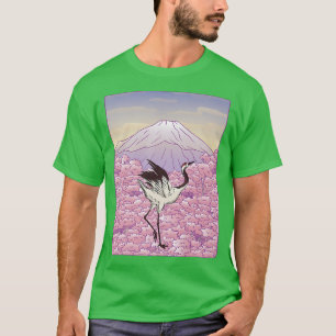 Crane Bird Japanse Sakura Tree Cherry Blossom Flo T-shirt