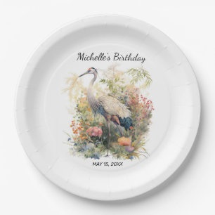 Crane Bird Leaves Foliage Floral Birthday Papieren Bordje