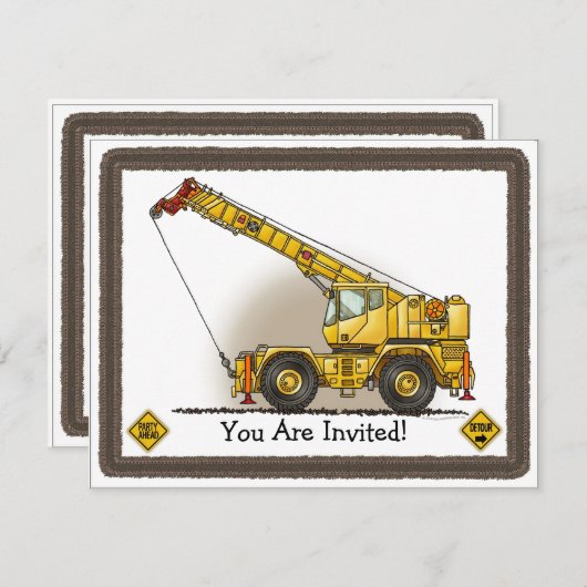Crane Construction Kinder Party Invitation Kaart (Voorkant / Achterkant)