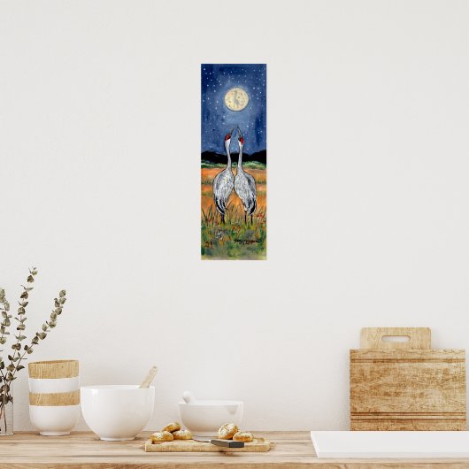 Crane Couple Watching Moon Poster Navy Stars Night (Keuken)