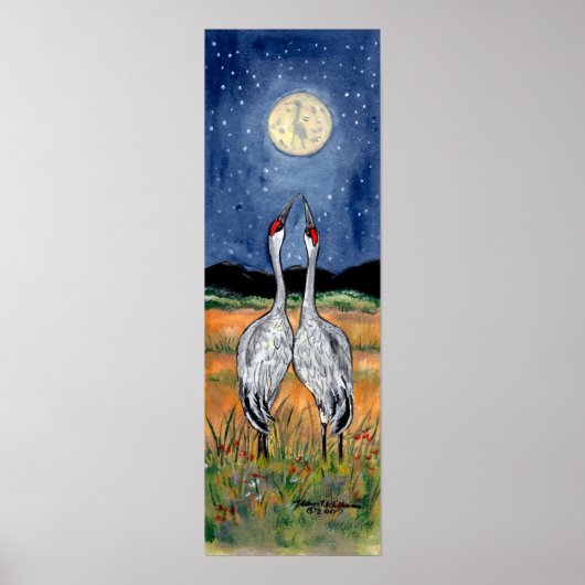 Crane Couple Watching Moon Poster Navy Stars Night (Voorkant)