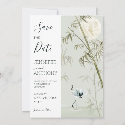 Crane en Bamboe Plant Save The Date (Voorkant)