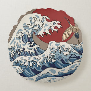 Crane en Japanse golfillustratie Traditionele C Rond Kussen