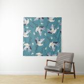 crane, pattern, illustration flying bird flower wandkleed (In situ)