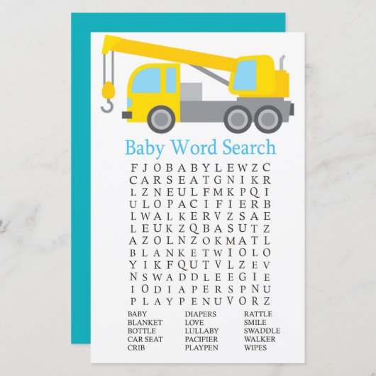 Crane Truck Baby shower Word Search Game (Voorkant / Achterkant)