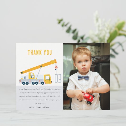 Crane Truck Construction Vehicle Foto Birthday Bedankkaart (Staand voorkant)