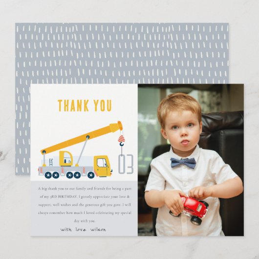 Crane Truck Construction Vehicle Foto Birthday Bedankkaart (Voorkant / Achterkant)