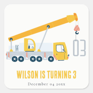 Crane Truck Construction Vehicle Kids Birthday Vierkante Sticker