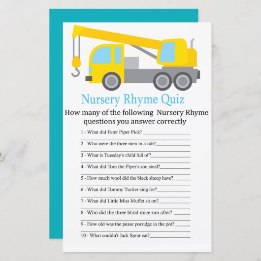 Crane Truck Nursery Rhyme Quiz baby shower game (Voorkant / Achterkant)