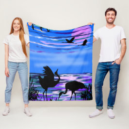 Cranes Bird Couple Blue Fleece Blanket Love