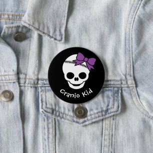 Cranio Kind Girl Skull met Paarse Bowtie Ronde Button 7,6 Cm