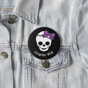 Cranio Kind Girl Skull met Paarse Bowtie Ronde Button 7,6 Cm