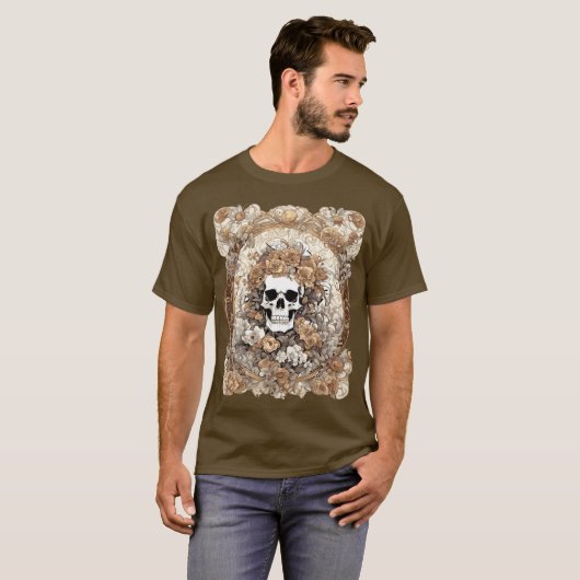 Cranium en Herfst Rozen Art Nouveau Design T-shirt (Voorkant volledig)