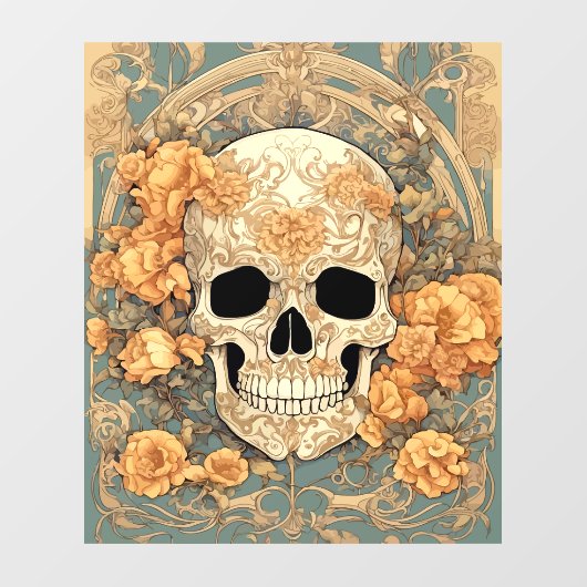Cranium en perzikkleurige Rozen Art Nouveau Design Raamsticker (Vel)