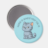 Cranky Grey Tabby Cat Custom Text Blue Magneet (Voorkant / Achterkant)