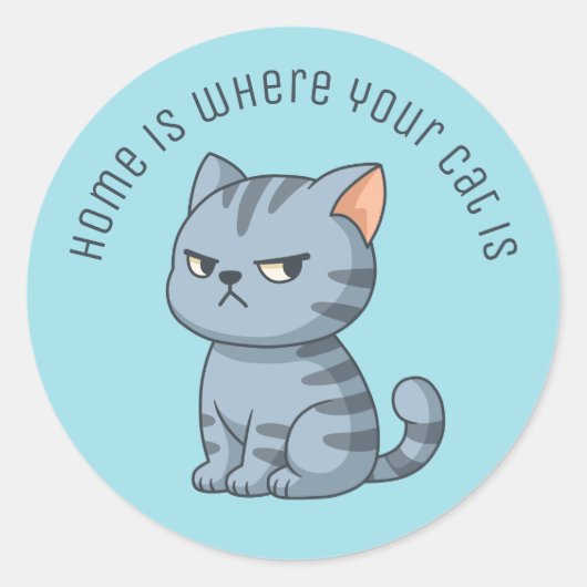 Cranky Grey Tabby Cat Custom Text Blue Ronde Sticker (Voorkant)