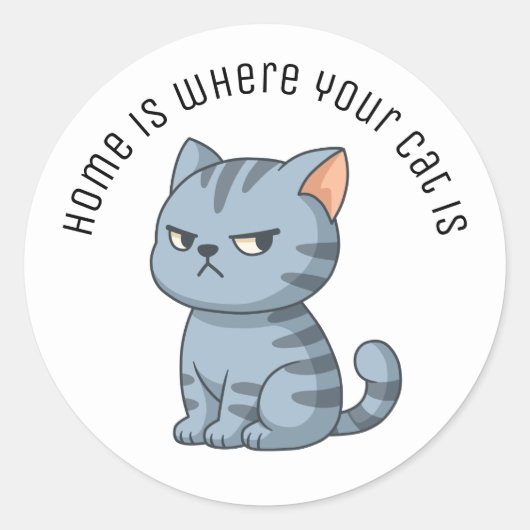 Cranky Grey Tabby Cat Custom Text Ronde Sticker (Voorkant)