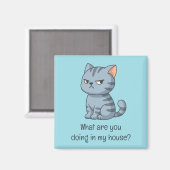 Cranky Grey Tabby Cat Funny Text Blue Magneet (Voorkant / Achterkant)