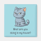 Cranky Grey Tabby Cat Funny Text Blue Magneet (Voorkant)