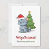 Cranky Grey Tabby Cat Red Hat Christmas Tree Feestdagenkaart (Voorkant)