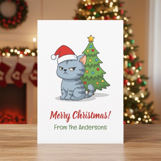 Cranky Grey Tabby Cat Red Hat Christmas Tree Feestdagenkaart
