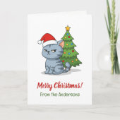 Cranky Grey Tabby Cat Red Hat Christmas Tree Kaart (Voorkant)