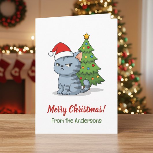 Cranky Grey Tabby Cat Red Hat Christmas Tree Kaart