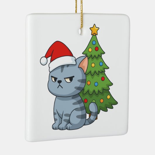 Cranky Grey Tabby Cat Red Hat Christmas Tree Keramisch Ornament (Rechts)