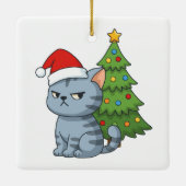Cranky Grey Tabby Cat Red Hat Christmas Tree Keramisch Ornament (Achterkant)