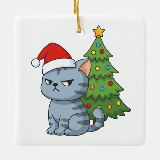Cranky Grey Tabby Cat Red Hat Christmas Tree Keramisch Ornament (Voorkant)