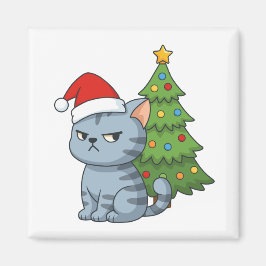 Cranky Grey Tabby Cat Red Hat Christmas Tree Magneet