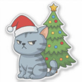 Cranky Grey Tabby Cat Red Hat Christmas Tree Sticker (Voorkant)