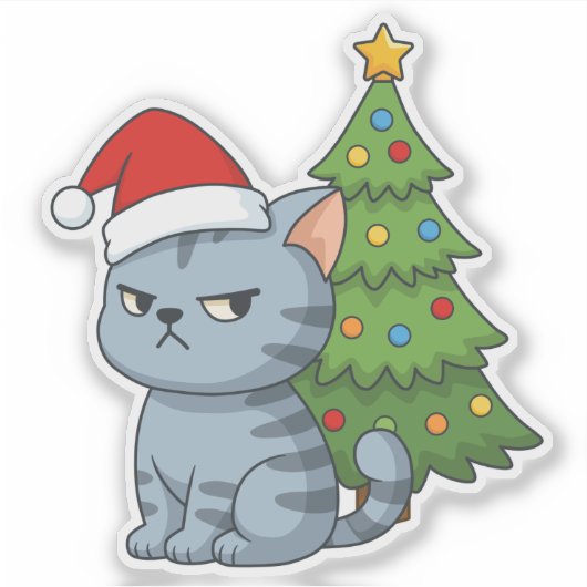 Cranky Grey Tabby Cat Red Hat Christmas Tree Sticker (Voorkant)
