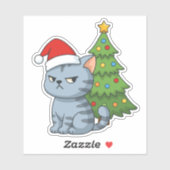 Cranky Grey Tabby Cat Red Hat Christmas Tree Sticker (Vel)