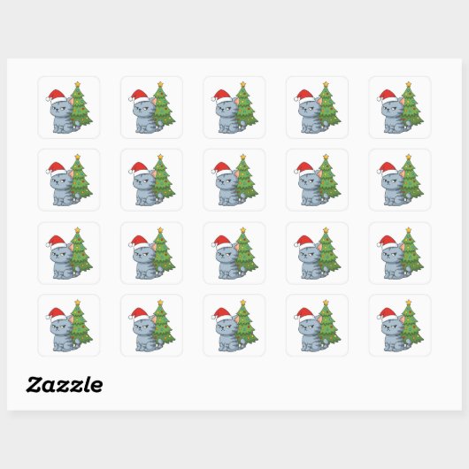 Cranky Grey Tabby Cat Red Hat Christmas Tree Vierkante Sticker (Vel)