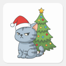 Cranky Grey Tabby Cat Red Hat Christmas Tree Vierkante Sticker