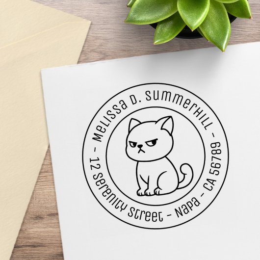 Cranky Moody Cat Round Address Rubberstempel