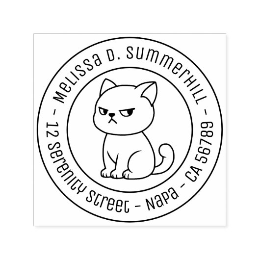 Cranky Moody Cat Round Address Zelfinktende Stempel (Design)