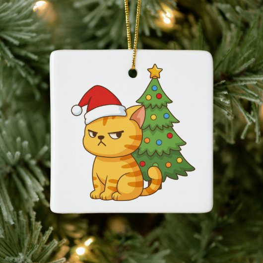 Cranky Orange Tabby Cat Red Hat Christmas Tree Keramisch Ornament (Boom)