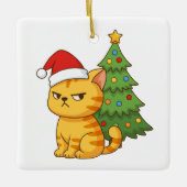 Cranky Orange Tabby Cat Red Hat Christmas Tree Keramisch Ornament (Voorkant)
