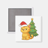 Cranky Orange Tabby Cat Red Hat Christmas Tree Magneet (Voorkant / Achterkant)