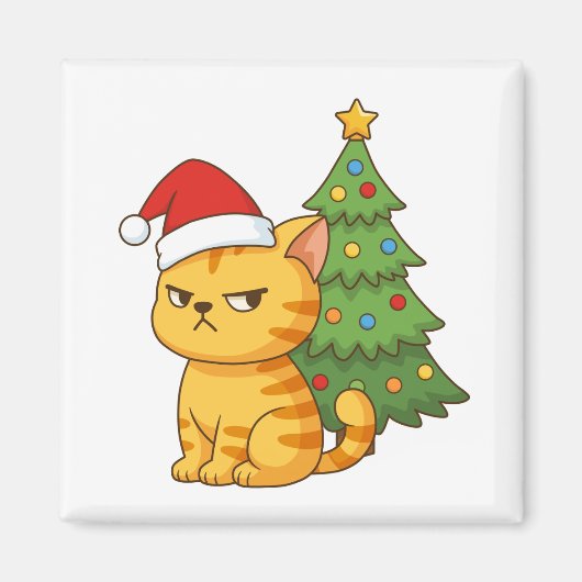 Cranky Orange Tabby Cat Red Hat Christmas Tree Magneet (Voorkant)
