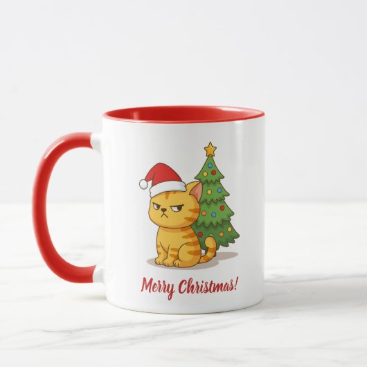 Cranky Orange Tabby Cat Red Hat Christmas Tree Mok (Links)