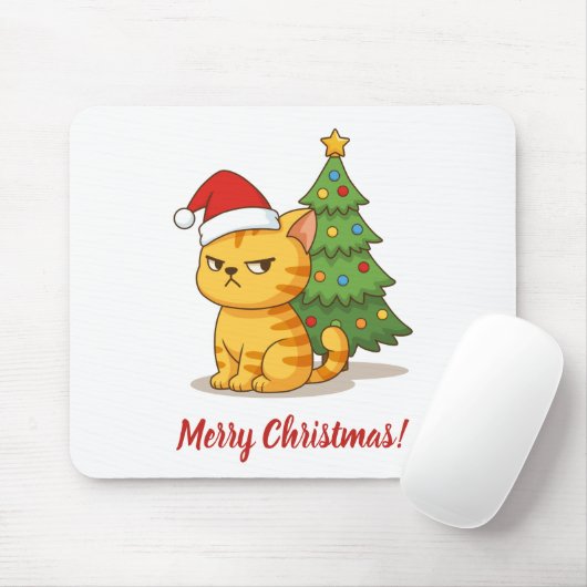 Cranky Orange Tabby Cat Red Hat Christmas Tree Muismat (Met muis)