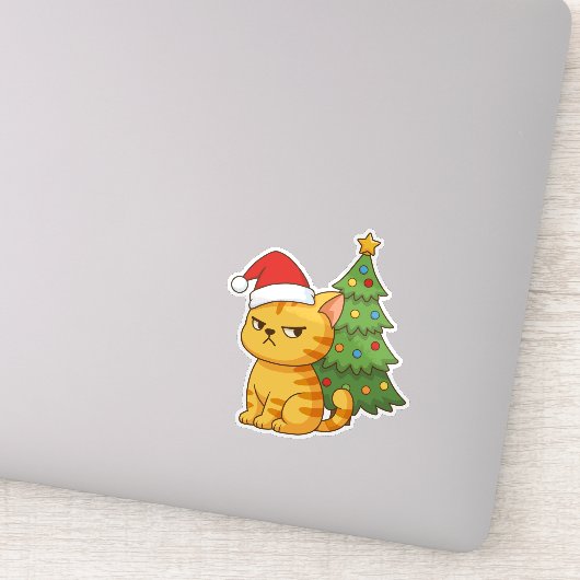 Cranky Orange Tabby Cat Red Hat Christmas Tree Sticker (Detail)