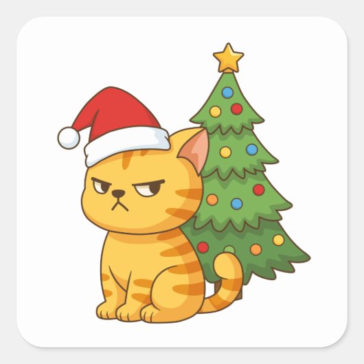Cranky Orange Tabby Cat Red Hat Christmas Tree Vierkante Sticker (Voorkant)
